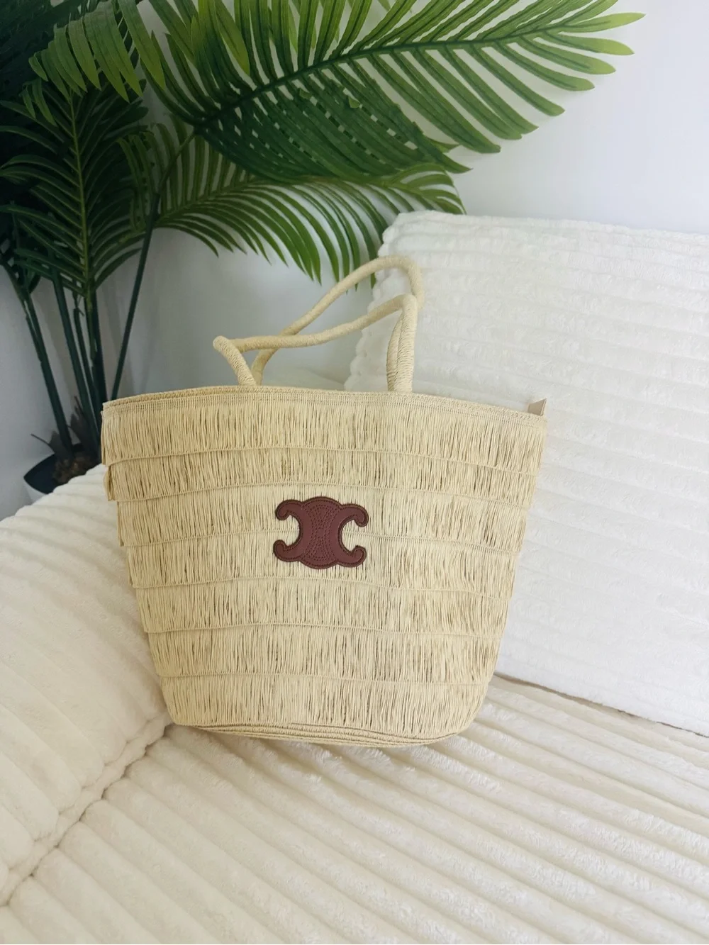 Woven Straw Tote Bag with Brown Logo Accent